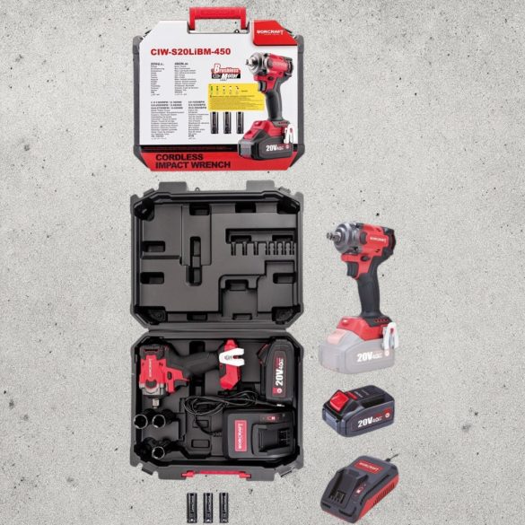 Akkumulátoros ütvecsavarozó, Worcraft CIW-S20LiBM-450 ShareSYS, fekete/piros, 450 Nm, 20 V Li-Ion, 4,0 Ah, akkumulátorral, töltővel, dugókulcsokkal, hordtáskában