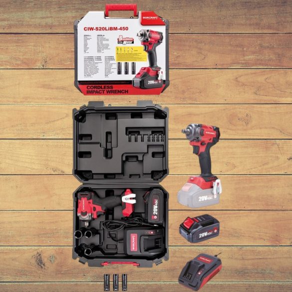 Akkumulátoros ütvecsavarozó, Worcraft CIW-S20LiBM-450 ShareSYS, fekete/piros, 450 Nm, 20 V Li-Ion, 4,0 Ah, akkumulátorral, töltővel, dugókulcsokkal, hordtáskában