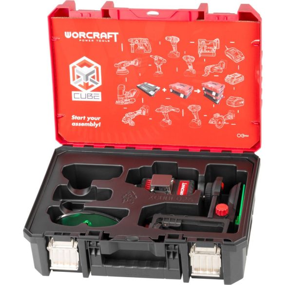 Keresztlézer, Worcraft XCUBE026, zöld sugár, 3 x 360°, automatikus önszintezés, IP54, 30 m (50 m érzékelővel), ShareSYS 20 V, akkumulátor nélkül