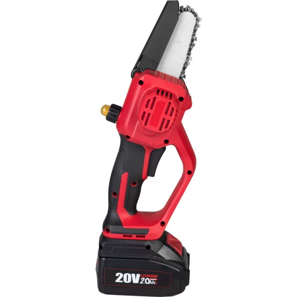 Akkumulátoros láncfűrész, Worcraft Home CHS-S20LiCM ShareSYS, piros/fekete, mini, 2 Ah 20 V Li-Ion, 5 m/s láncsebesség, 15 ml olajtartály, akkumulátorral, töltővel, kofferben