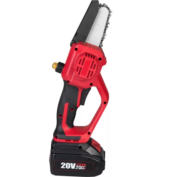 Akkumulátoros láncfűrész, Worcraft Home CHS-S20LiBCM ShareSYS, piros/fekete, mini, 2 Ah 20 V Li-Ion,  5 m/s láncsebesség, 15 ml olajtartály, akkumulátorral, töltővel