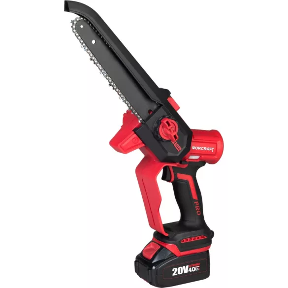 Akkumulátoros láncfűrész, Worcraft CHS-S20LiBD ShareSYS, piros/fekete, mini, 2-4 Ah 20 V Li-Ion, vezetősín: 20 cm, 7,8 m/s láncsebesség, 50 ml olajtartály, akkumulátor és töltő nélkül