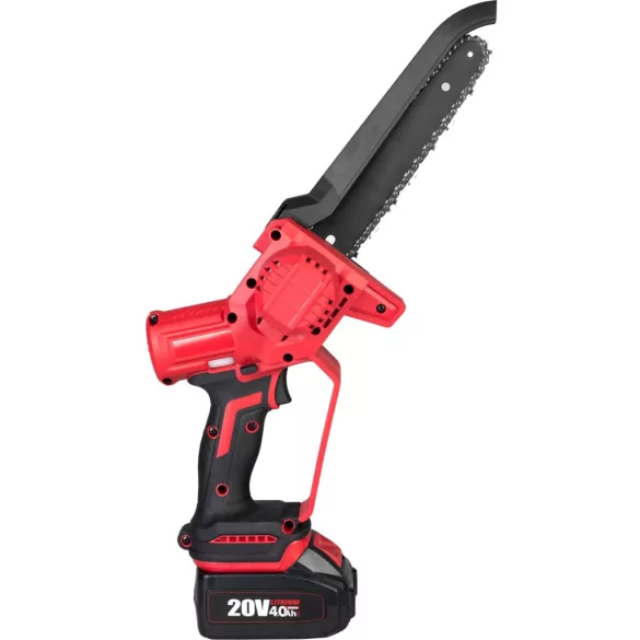 Akkumulátoros láncfűrész, Worcraft CHS-S20LiBD ShareSYS, piros/fekete, mini, 2-4 Ah 20 V Li-Ion, vezetősín: 20 cm, 7,8 m/s láncsebesség, 50 ml olajtartály, akkumulátor és töltő nélkül