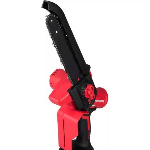 Akkumulátoros láncfűrész, Worcraft CHS-S20LiBD ShareSYS, piros/fekete, mini, 2-4 Ah 20 V Li-Ion, vezetősín: 20 cm, 7,8 m/s láncsebesség, 50 ml olajtartály, akkumulátor és töltő nélkül
