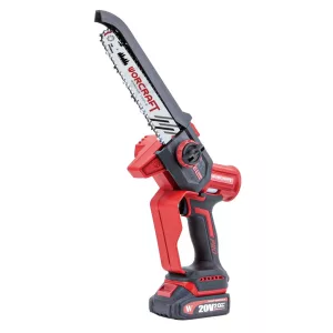 Akkumulátoros láncfűrész, Worcraft CHS-S20LiBDM ShareSYS, piros/fekete, mini, 2 Ah 20 V Li-Ion, vezetősín: 20 cm, 7,8 m/s láncsebesség, 50 ml olajtartály, akkumulátorral, töltővel, láncolajjal, kofferben
