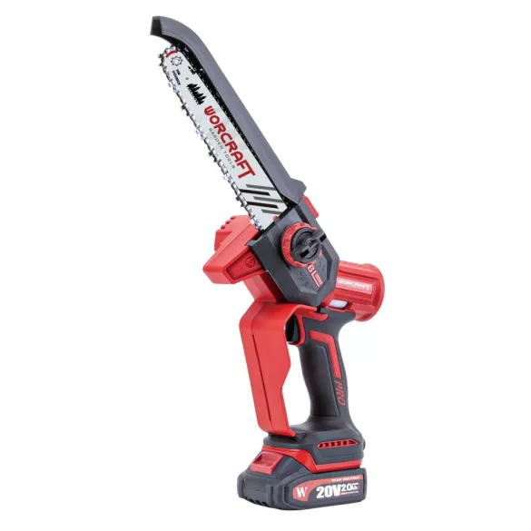 Akkumulátoros láncfűrész, Worcraft CHS-S20LiBDM ShareSYS, piros/fekete, mini, 2 Ah 20 V Li-Ion, vezetősín: 20 cm, 7,8 m/s láncsebesség, 50 ml olajtartály, akkumulátorral, töltővel, láncolajjal, kofferben