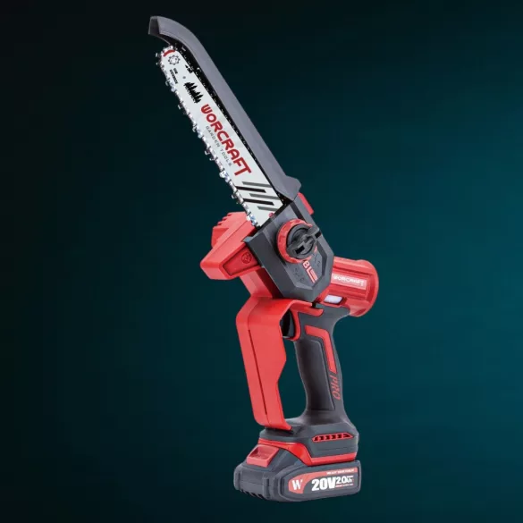 Akkumulátoros láncfűrész, Worcraft CHS-S20LiBDM ShareSYS, piros/fekete, mini, 2 Ah 20 V Li-Ion, vezetősín: 20 cm, 7,8 m/s láncsebesség, 50 ml olajtartály, akkumulátorral, töltővel, láncolajjal, kofferben