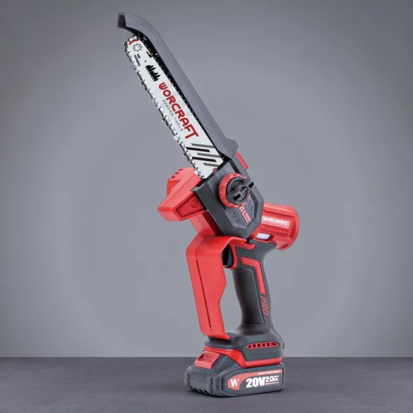Akkumulátoros láncfűrész, Worcraft CHS-S20LiBDM ShareSYS, piros/fekete, mini, 2 Ah 20 V Li-Ion, vezetősín: 20 cm, 7,8 m/s láncsebesség, 50 ml olajtartály, akkumulátorral, töltővel, láncolajjal, kofferben