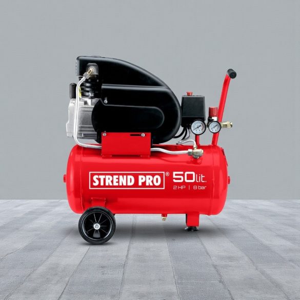 Kompresszor, Strend Pro FL2050-08, piros, 50 l, 1,5 kW, elektromos, 8 bar, 1 dugattyús, nyomásmérővel, kerekekkel, 150 l/perc, olajos