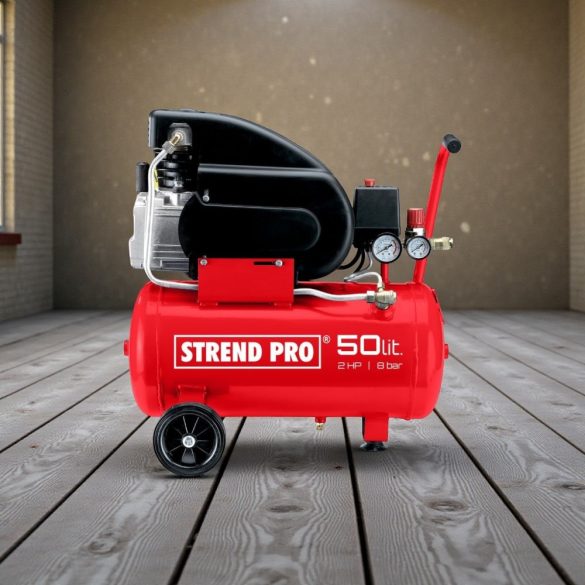 Kompresszor, Strend Pro FL2050-08, piros, 50 l, 1,5 kW, elektromos, 8 bar, 1 dugattyús, nyomásmérővel, kerekekkel, 150 l/perc, olajos