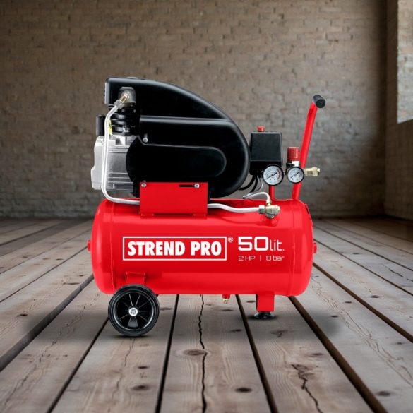 Kompresszor, Strend Pro FL2050-08, piros, 50 l, 1,5 kW, elektromos, 8 bar, 1 dugattyús, nyomásmérővel, kerekekkel, 150 l/perc, olajos