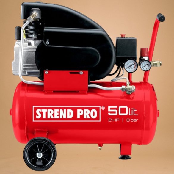 Kompresszor, Strend Pro FL2050-08, piros, 50 l, 1,5 kW, elektromos, 8 bar, 1 dugattyús, nyomásmérővel, kerekekkel, 150 l/perc, olajos