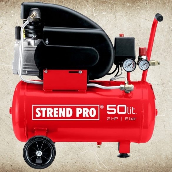 Kompresszor, Strend Pro FL2050-08, piros, 50 l, 1,5 kW, elektromos, 8 bar, 1 dugattyús, nyomásmérővel, kerekekkel, 150 l/perc, olajos