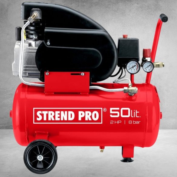 Kompresszor, Strend Pro FL2050-08, piros, 50 l, 1,5 kW, elektromos, 8 bar, 1 dugattyús, nyomásmérővel, kerekekkel, 150 l/perc, olajos