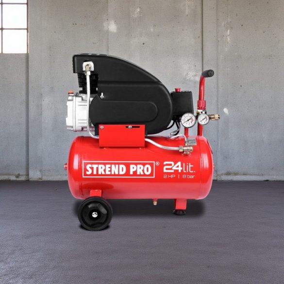 Kompresszor, Strend Pro FL2024-08, piros, 24 l, 1,5 kW, elektromos, 8 bar, 1 dugattyús, nyomásmérővel, kerekekkel és fogantyúval, 150 l/perc, olajos