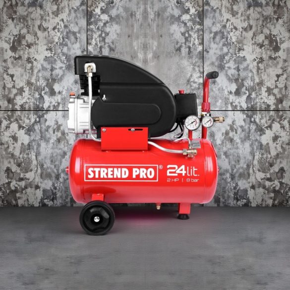 Kompresszor, Strend Pro FL2024-08, piros, 24 l, 1,5 kW, elektromos, 8 bar, 1 dugattyús, nyomásmérővel, kerekekkel és fogantyúval, 150 l/perc, olajos