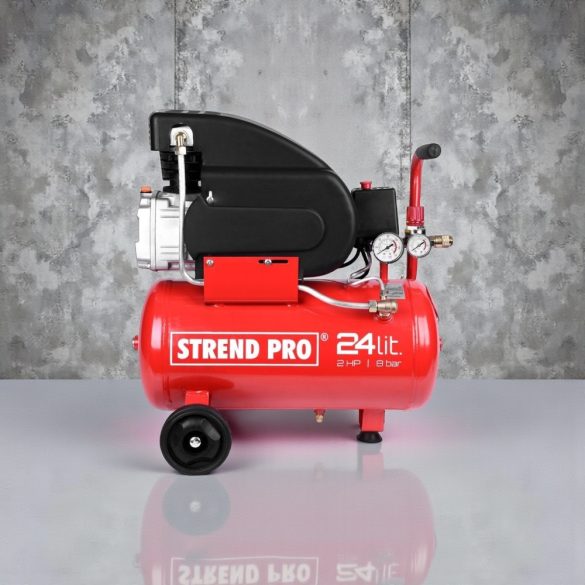 Kompresszor, Strend Pro FL2024-08, piros, 24 l, 1,5 kW, elektromos, 8 bar, 1 dugattyús, nyomásmérővel, kerekekkel és fogantyúval, 150 l/perc, olajos