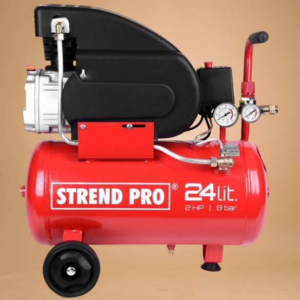 Kompresszor, Strend Pro FL2024-08, piros, 24 l, 1,5 kW, elektromos, 8 bar, 1 dugattyús, nyomásmérővel, kerekekkel és fogantyúval, 150 l/perc, olajos