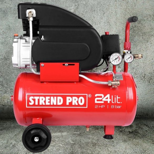Kompresszor, Strend Pro FL2024-08, piros, 24 l, 1,5 kW, elektromos, 8 bar, 1 dugattyús, nyomásmérővel, kerekekkel és fogantyúval, 150 l/perc, olajos