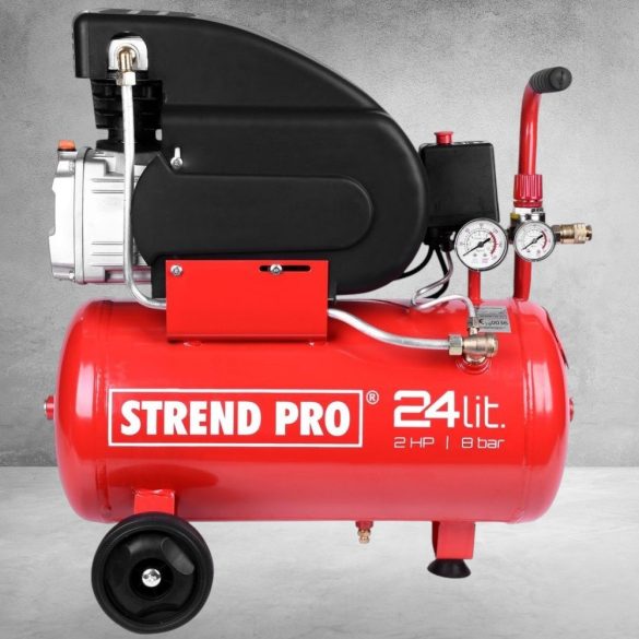 Kompresszor, Strend Pro FL2024-08, piros, 24 l, 1,5 kW, elektromos, 8 bar, 1 dugattyús, nyomásmérővel, kerekekkel és fogantyúval, 150 l/perc, olajos