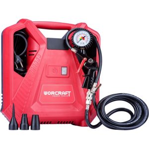Kompresszor, Worcraft PAC11-180, 1,1 kW, piros, elektromos, 8 bar, manométeres pisztoly, beépített tartozéktároló, hordozható, olajmentes, 3 m kábel