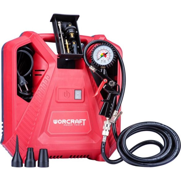 Kompresszor, Worcraft PAC11-180, 1,1 kW, piros, elektromos, 8 bar, manométeres pisztoly, beépített tartozéktároló, hordozható, olajmentes, 3 m kábel