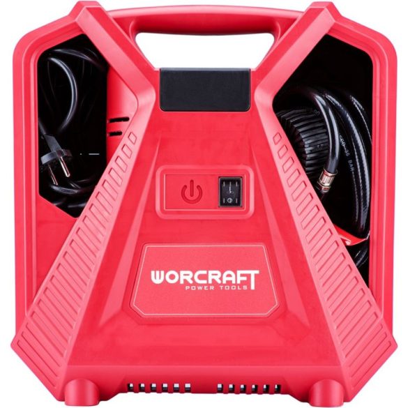 Kompresszor, Worcraft PAC11-180, 1,1 kW, piros, elektromos, 8 bar, manométeres pisztoly, beépített tartozéktároló, hordozható, olajmentes, 3 m kábel