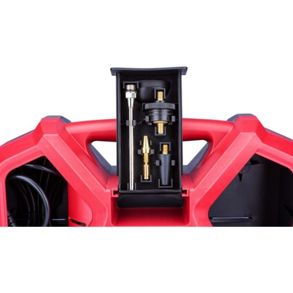 Kompresszor, Worcraft PAC11-180, 1,1 kW, piros, elektromos, 8 bar, manométeres pisztoly, beépített tartozéktároló, hordozható, olajmentes, 3 m kábel