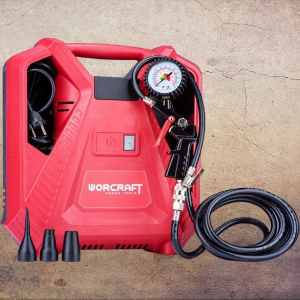 Kompresszor, Worcraft PAC11-180, 1,1 kW, piros, elektromos, 8 bar, manométeres pisztoly, beépített tartozéktároló, hordozható, olajmentes, 3 m kábel