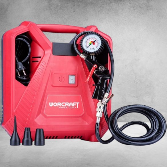 Kompresszor, Worcraft PAC11-180, 1,1 kW, piros, elektromos, 8 bar, manométeres pisztoly, beépített tartozéktároló, hordozható, olajmentes, 3 m kábel