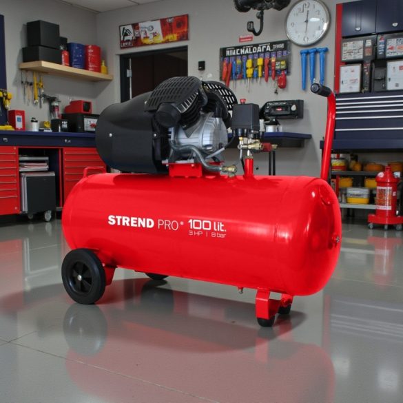 Kompresszor, Strend Pro HSV-100-08, piros, 100 l, 2,2 kW, elektromos, 8 bar, 2 dugattyús, nyomásmérővel, kerekekkel, 268 l/perc, olajos