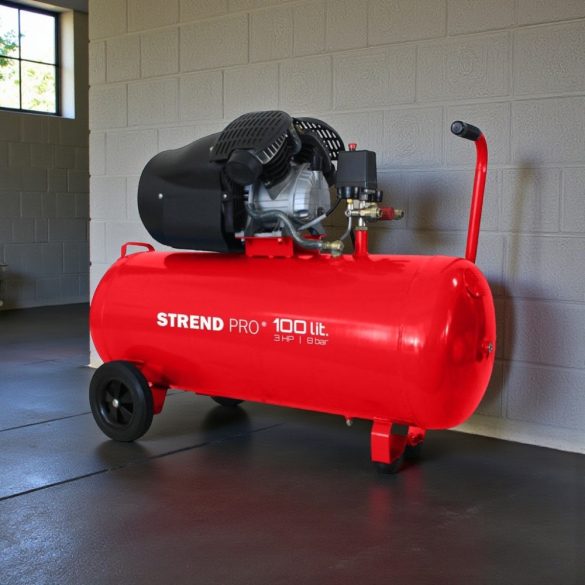 Kompresszor, Strend Pro HSV-100-08, piros, 100 l, 2,2 kW, elektromos, 8 bar, 2 dugattyús, nyomásmérővel, kerekekkel, 268 l/perc, olajos