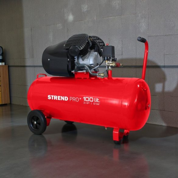 Kompresszor, Strend Pro HSV-100-08, piros, 100 l, 2,2 kW, elektromos, 8 bar, 2 dugattyús, nyomásmérővel, kerekekkel, 268 l/perc, olajos