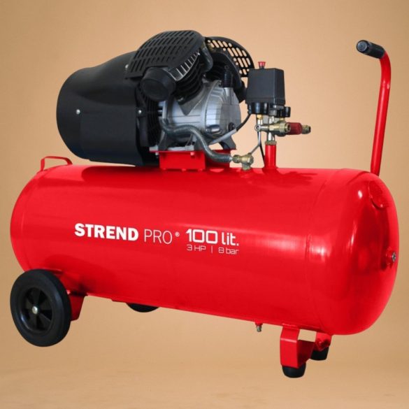 Kompresszor, Strend Pro HSV-100-08, piros, 100 l, 2,2 kW, elektromos, 8 bar, 2 dugattyús, nyomásmérővel, kerekekkel, 268 l/perc, olajos