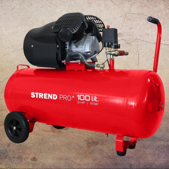 Kompresszor, Strend Pro HSV-100-08, piros, 100 l, 2,2 kW, elektromos, 8 bar, 2 dugattyús, nyomásmérővel, kerekekkel, 268 l/perc, olajos