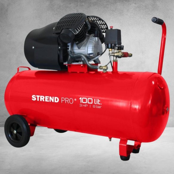 Kompresszor, Strend Pro HSV-100-08, piros, 100 l, 2,2 kW, elektromos, 8 bar, 2 dugattyús, nyomásmérővel, kerekekkel, 268 l/perc, olajos