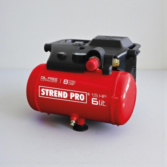 Kompresszor, Strend Pro BOF1506, piros, 6 l, 1,1 kW, elektromos, 8 bar, nyomásmérővel, nyomásszabályzós, olajmentes