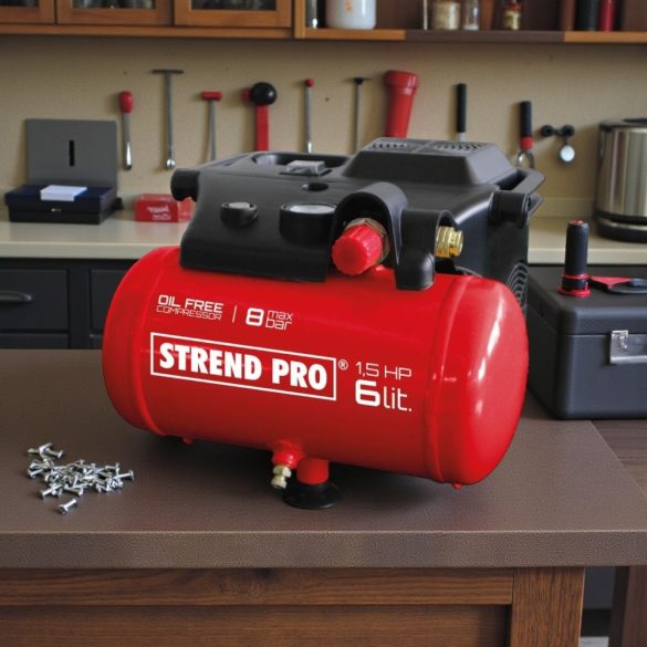 Kompresszor, Strend Pro BOF1506, piros, 6 l, 1,1 kW, elektromos, 8 bar, nyomásmérővel, nyomásszabályzós, olajmentes