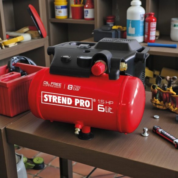 Kompresszor, Strend Pro BOF1506, piros, 6 l, 1,1 kW, elektromos, 8 bar, nyomásmérővel, nyomásszabályzós, olajmentes
