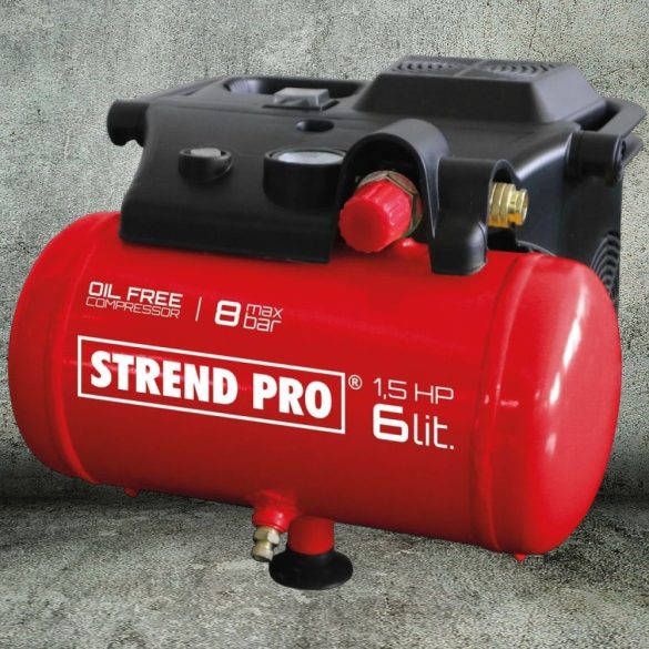 Kompresszor, Strend Pro BOF1506, piros, 6 l, 1,1 kW, elektromos, 8 bar, nyomásmérővel, nyomásszabályzós, olajmentes