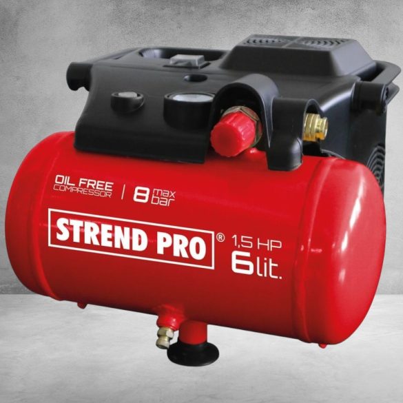 Kompresszor, Strend Pro BOF1506, piros, 6 l, 1,1 kW, elektromos, 8 bar, nyomásmérővel, nyomásszabályzós, olajmentes