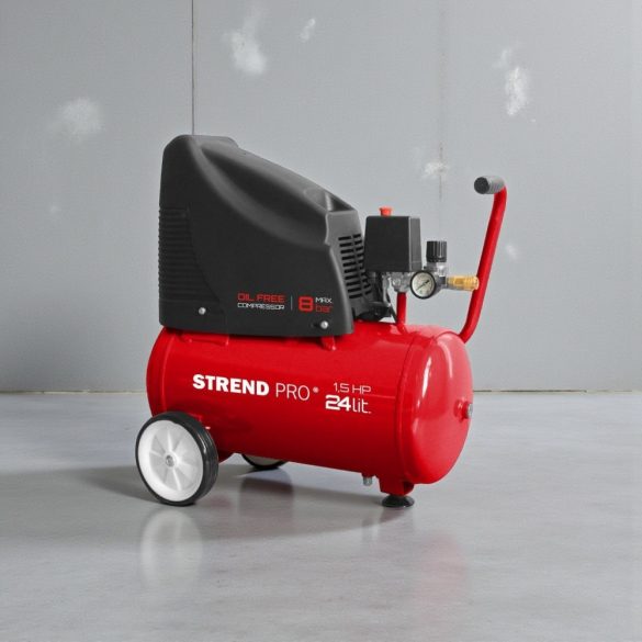 Kompresszor, Strend Pro OF1524, piros, 24 l, 1,1 kW, elektromos, 8 bar, 1 dugattyús, nyomásmérővel, kerekekkel és fogantyúval, olajmentes