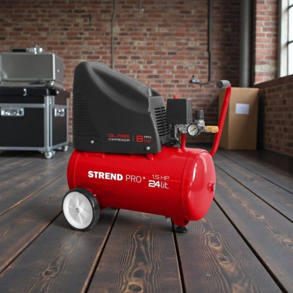 Kompresszor, Strend Pro OF1524, piros, 24 l, 1,1 kW, elektromos, 8 bar, 1 dugattyús, nyomásmérővel, kerekekkel és fogantyúval, olajmentes