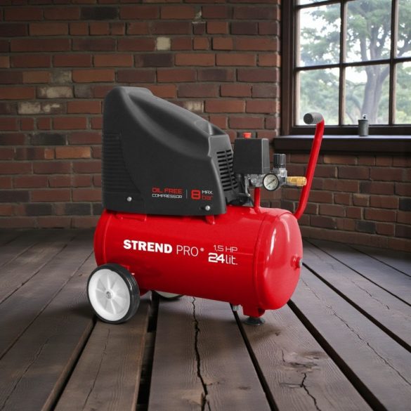 Kompresszor, Strend Pro OF1524, piros, 24 l, 1,1 kW, elektromos, 8 bar, 1 dugattyús, nyomásmérővel, kerekekkel és fogantyúval, olajmentes