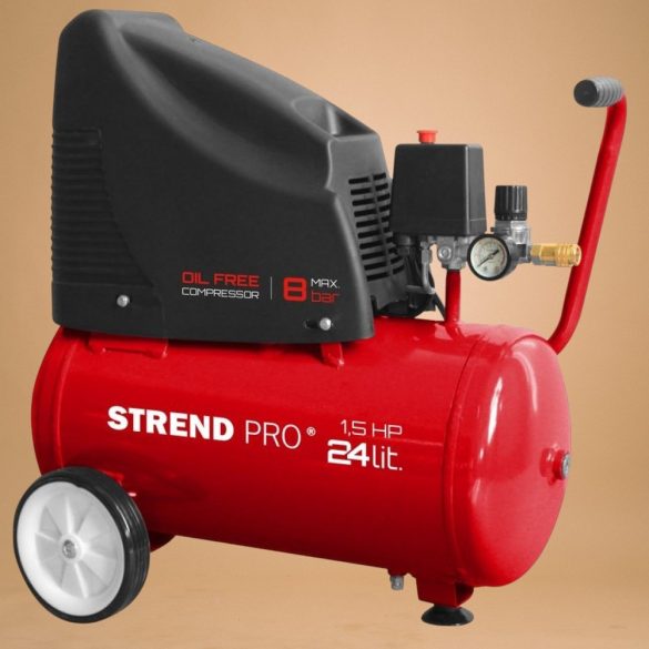 Kompresszor, Strend Pro OF1524, piros, 24 l, 1,1 kW, elektromos, 8 bar, 1 dugattyús, nyomásmérővel, kerekekkel és fogantyúval, olajmentes