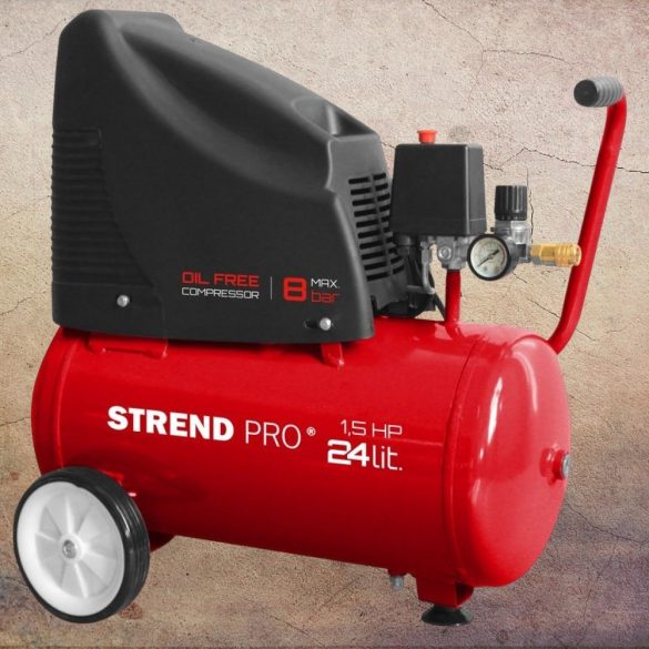 Kompresszor, Strend Pro OF1524, piros, 24 l, 1,1 kW, elektromos, 8 bar, 1 dugattyús, nyomásmérővel, kerekekkel és fogantyúval, olajmentes