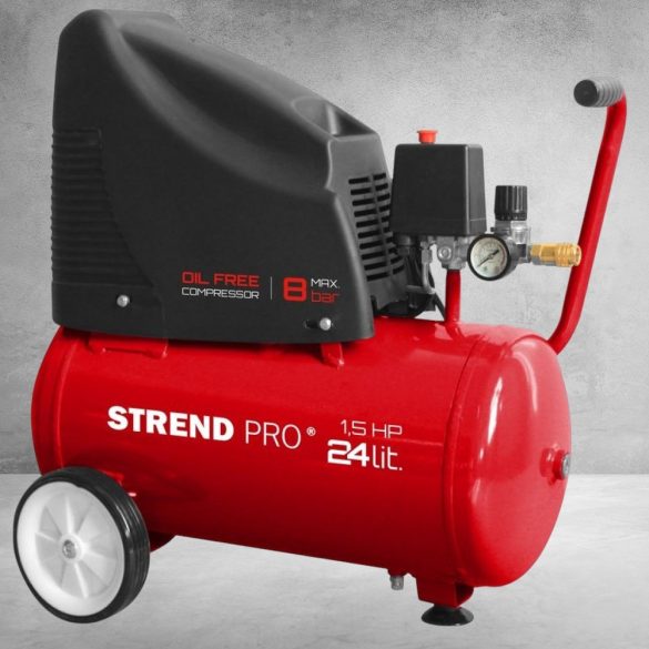 Kompresszor, Strend Pro OF1524, piros, 24 l, 1,1 kW, elektromos, 8 bar, 1 dugattyús, nyomásmérővel, kerekekkel és fogantyúval, olajmentes