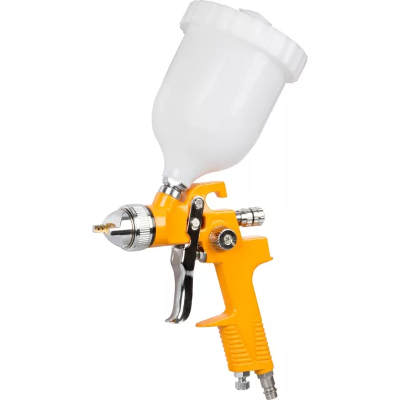 Festékszóró pisztoly, Strend Pro Airtool S-970A, sárga/fehér, felső tartályos, 600 ml, kompresszoros, 1,4 mm fúvóka, 3 bar