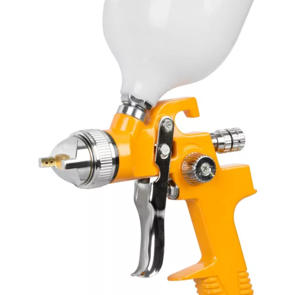 Festékszóró pisztoly, Strend Pro Airtool S-970A, sárga/fehér, felső tartályos, 600 ml, kompresszoros, 1,4 mm fúvóka, 3 bar