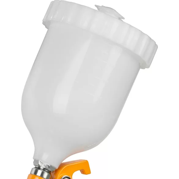 Festékszóró pisztoly, Strend Pro Airtool S-970A, sárga/fehér, felső tartályos, 600 ml, kompresszoros, 1,4 mm fúvóka, 3 bar